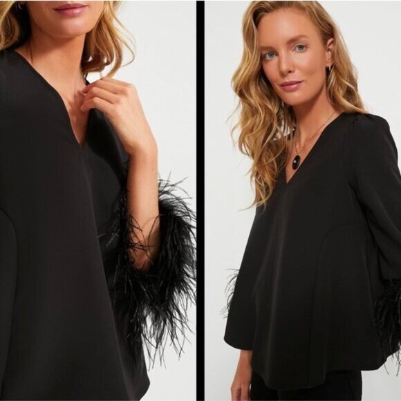 Tuckernuck Black V-Neck Blouse with Feather Trim Cuffs - Picture 4 of 12